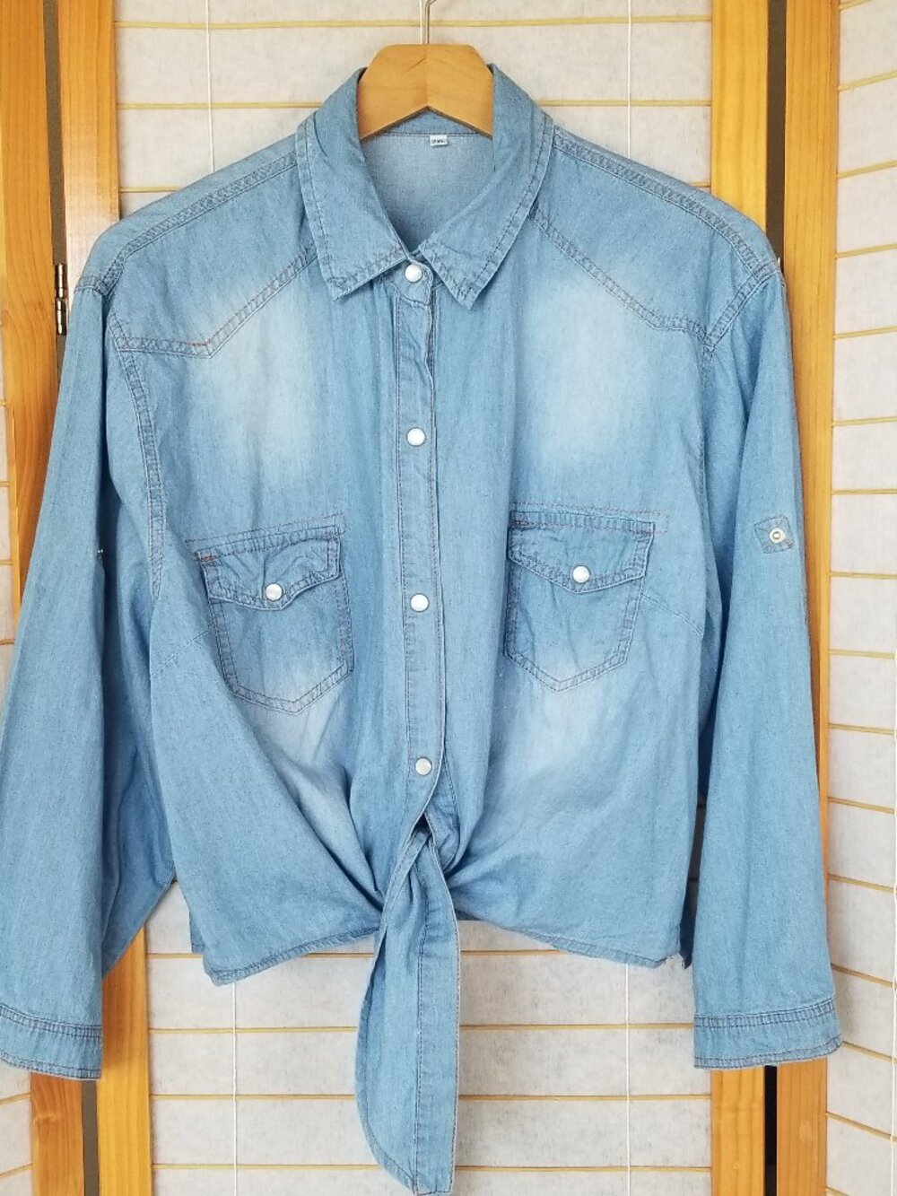 Zara Tie Front Denim Shirt Pearl Snap 3/4 Roll-Tab Sleeves Size 2XL